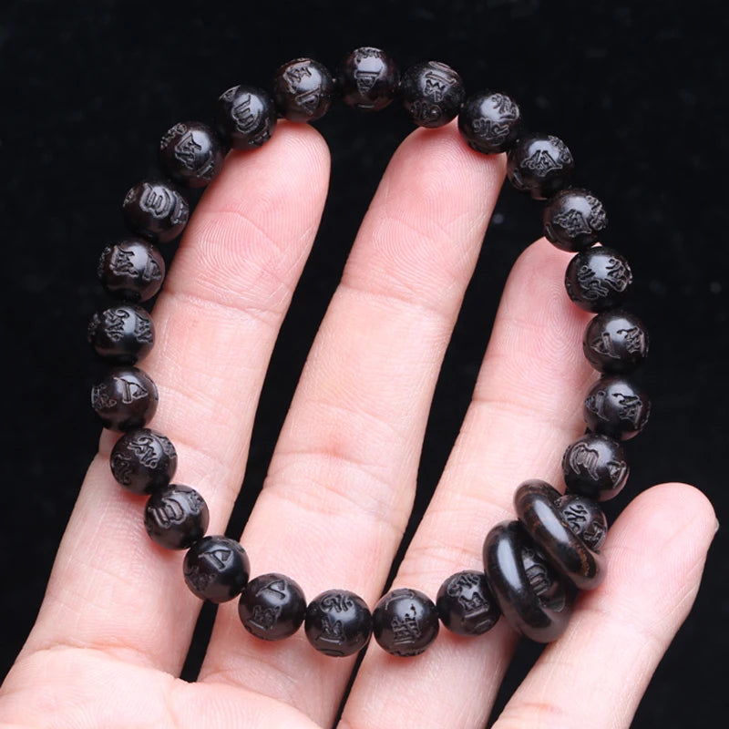 Spiritual Abacus Natural Ebony 108 Mala Beads – Tibetan Six-Character Mantra Turning Wheel Rosary Necklace