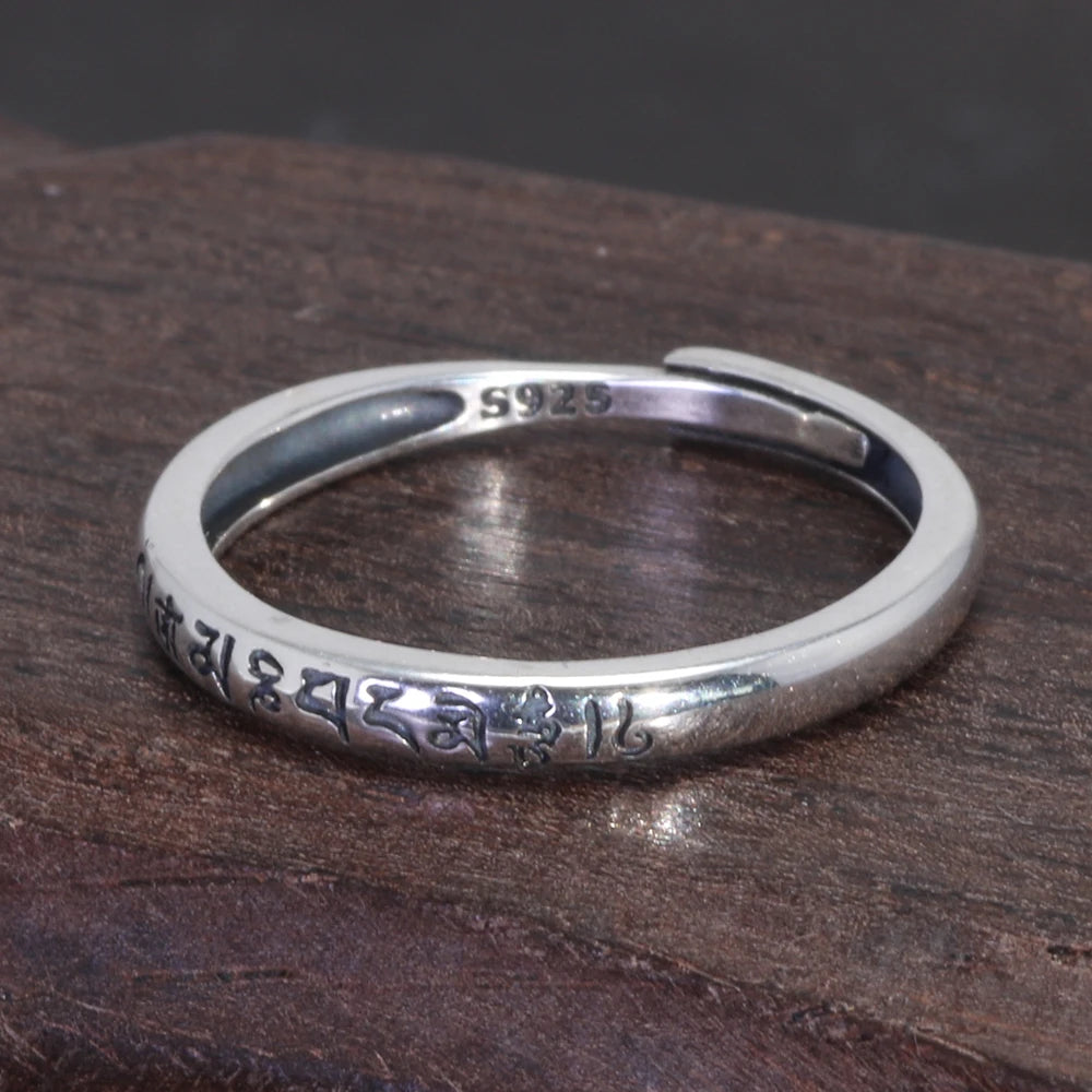 Spiritual Abacus 925 Sterling Silver Tibetan Buddha Ring – Adjustable Tail Ring with OM Mani Padme Hum for Men & Women