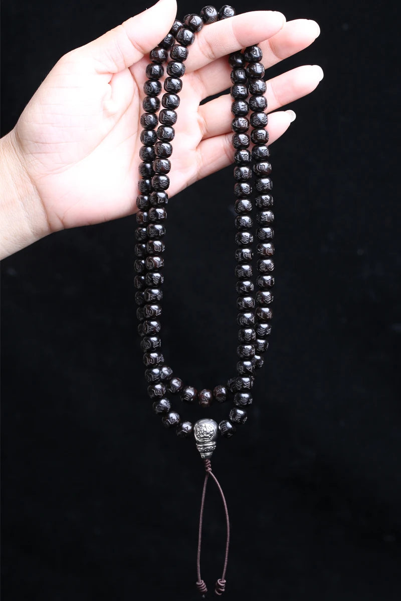 Spiritual Abacus Natural Ebony 108 Mala Beads – Tibetan Six-Character Mantra Turning Wheel Rosary Necklace