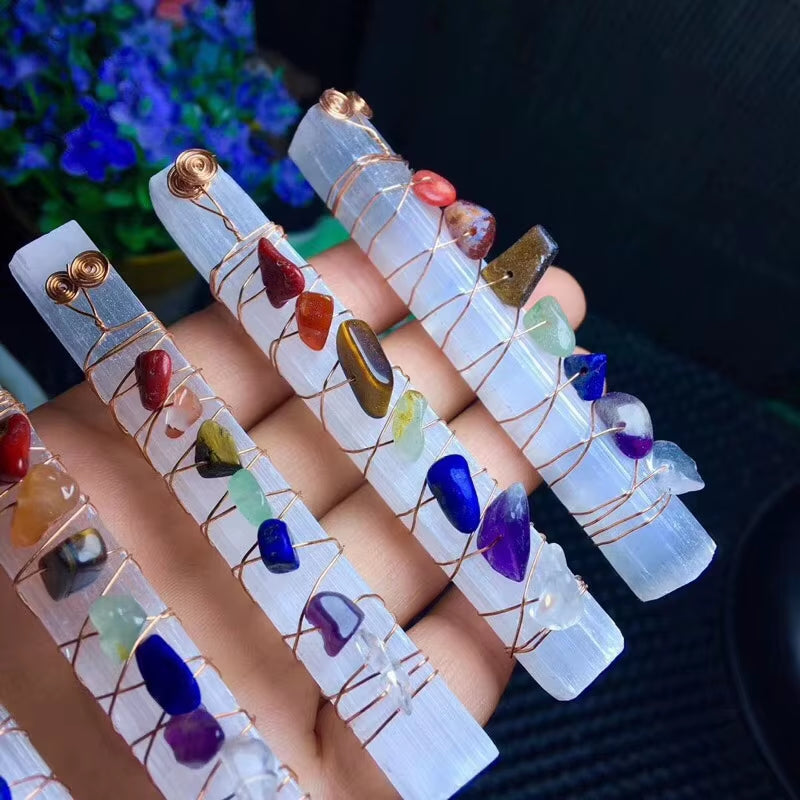 🌟 Chakra Healing Crystal Wand – Raw Selenite with Wire-Wrapped Chakra Stones Spiritual Energy Stick for Meditation, Reiki & Yoga by Spiritual Abacus