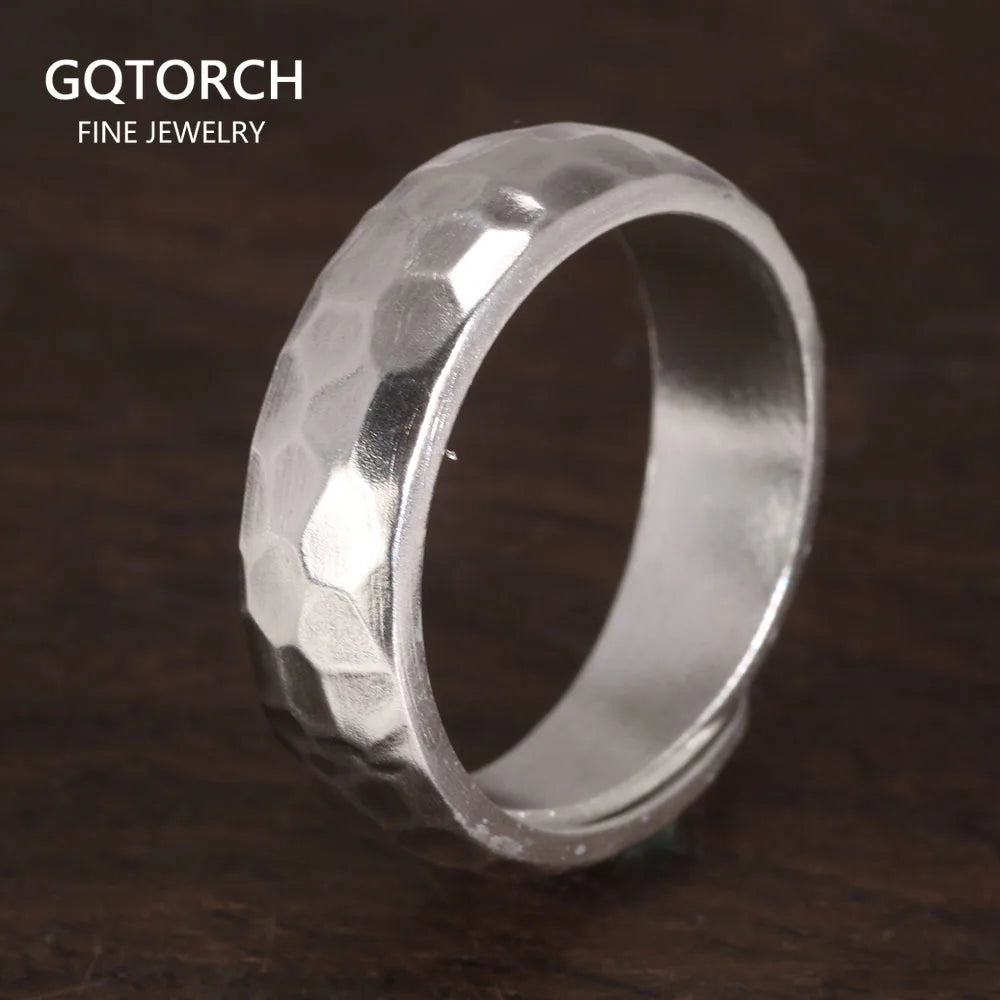 Genuine Sterling Silver 999 Hammer Pattern Men'S and Women'S Rings Six-Character Mantra Simple Jewelry
