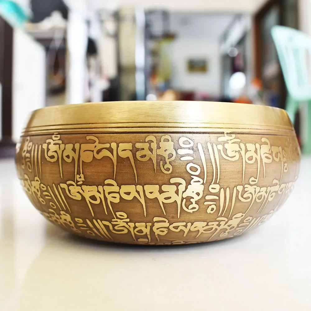 🥣 Nepal Handmade Singing Bowl Set – Buddha Mantra Design