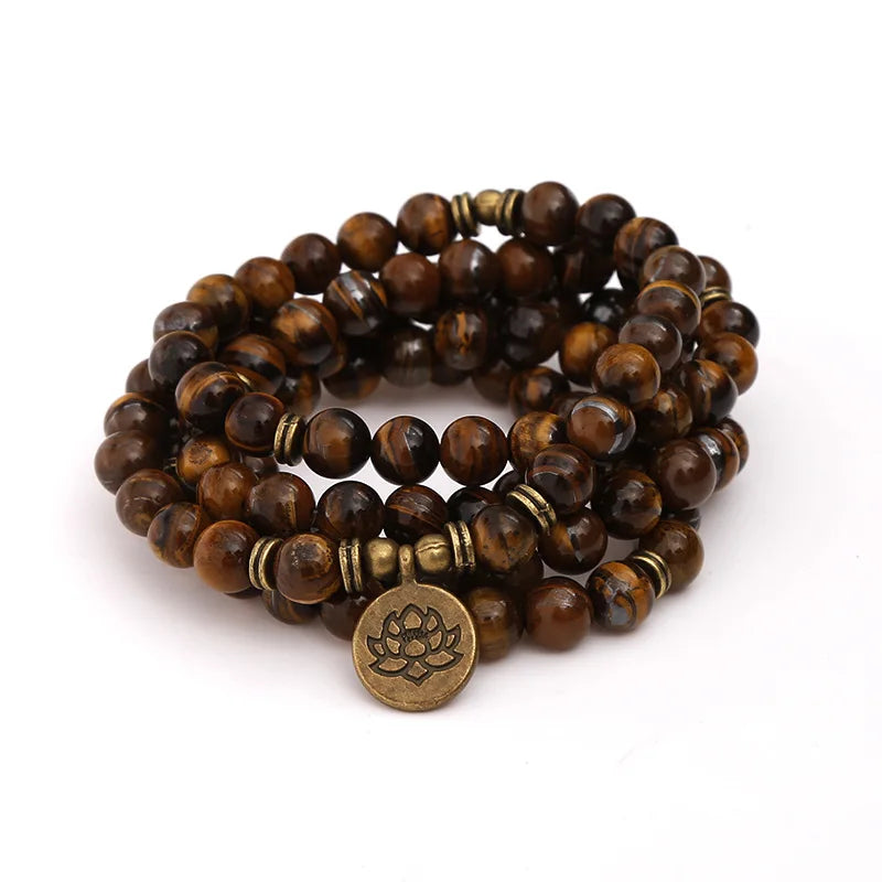 Spiritual Abacus Tiger Eye 108 Mala Beads – Chakra Healing Bracelet or Necklace with OM, Buddha & Lotus Charms
