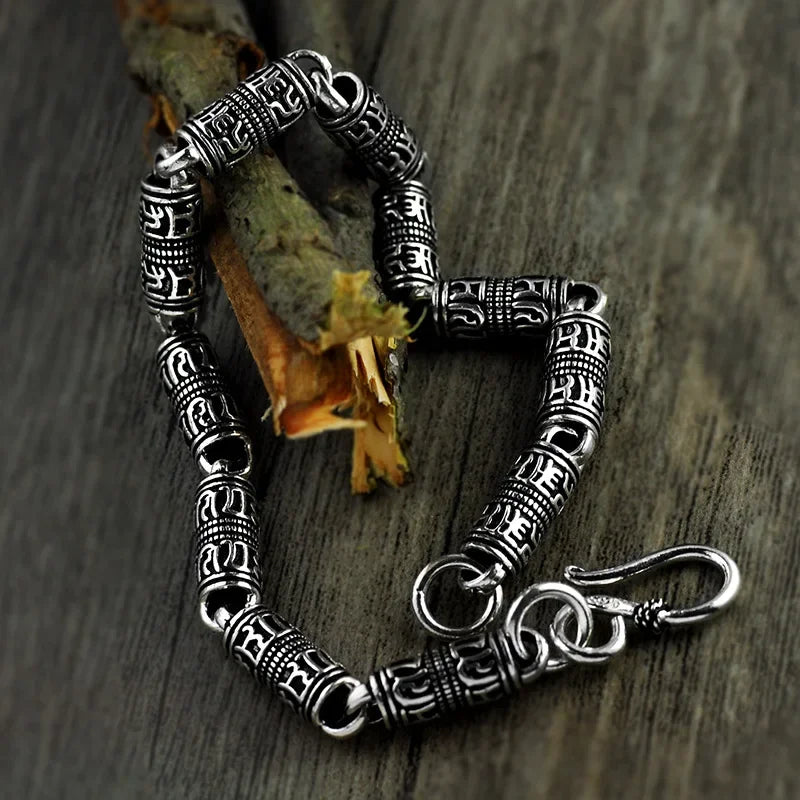 Spiritual Abacus 925 Sterling Silver Tibetan Mantra Bracelet – OM MANI PADME HUM & Peace Symbol Chain Bracelet for Men