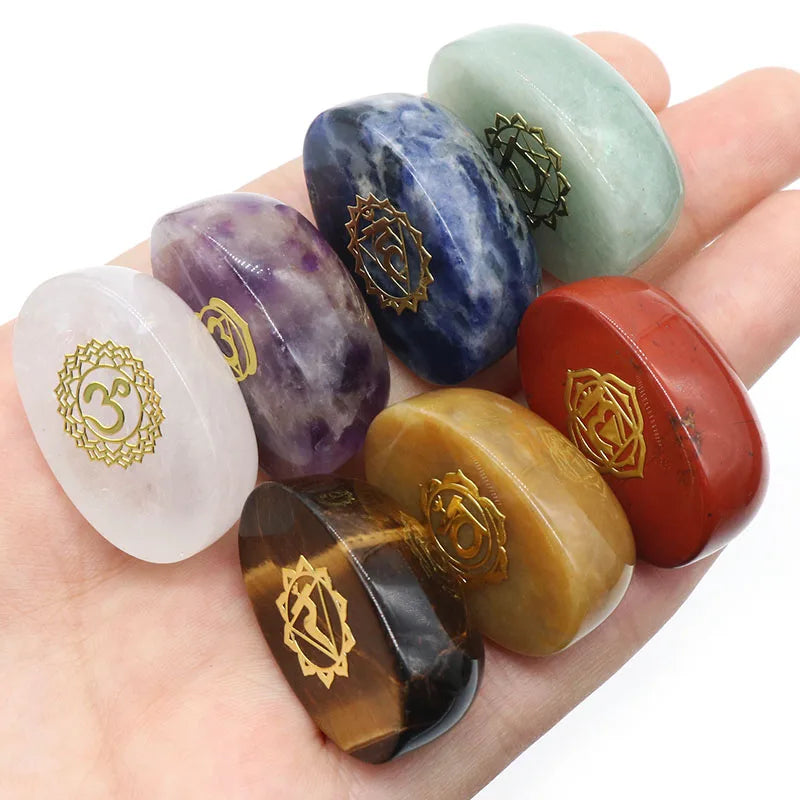 🌈 Spiritual Abacus 7-Piece Chakra Pendulum Set – Natural Stones with Engraved Reiki Healing Symbols