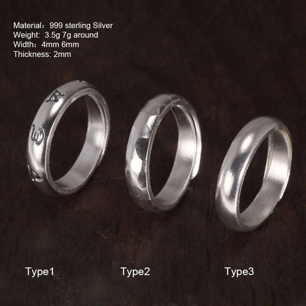 Genuine Sterling Silver 999 Hammer Pattern Men'S and Women'S Rings Six-Character Mantra Simple Jewelry