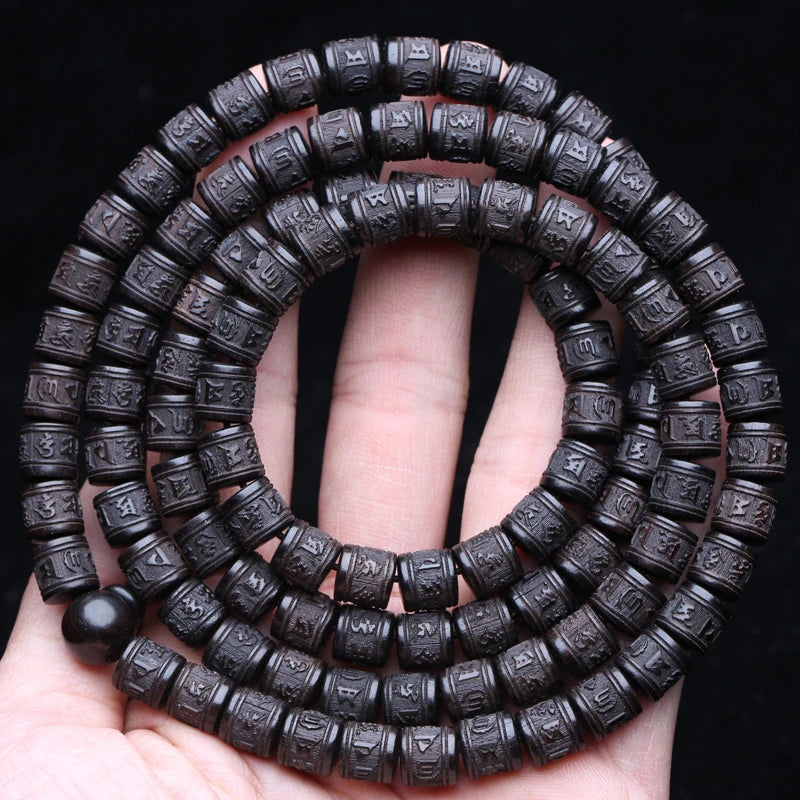 Spiritual Abacus Natural Ebony 108 Mala Beads – Tibetan Six-Character Mantra Turning Wheel Rosary Necklace