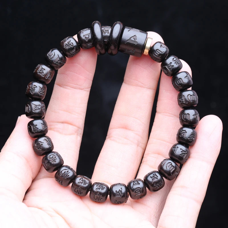 Spiritual Abacus Natural Ebony 108 Mala Beads – Tibetan Six-Character Mantra Turning Wheel Rosary Necklace