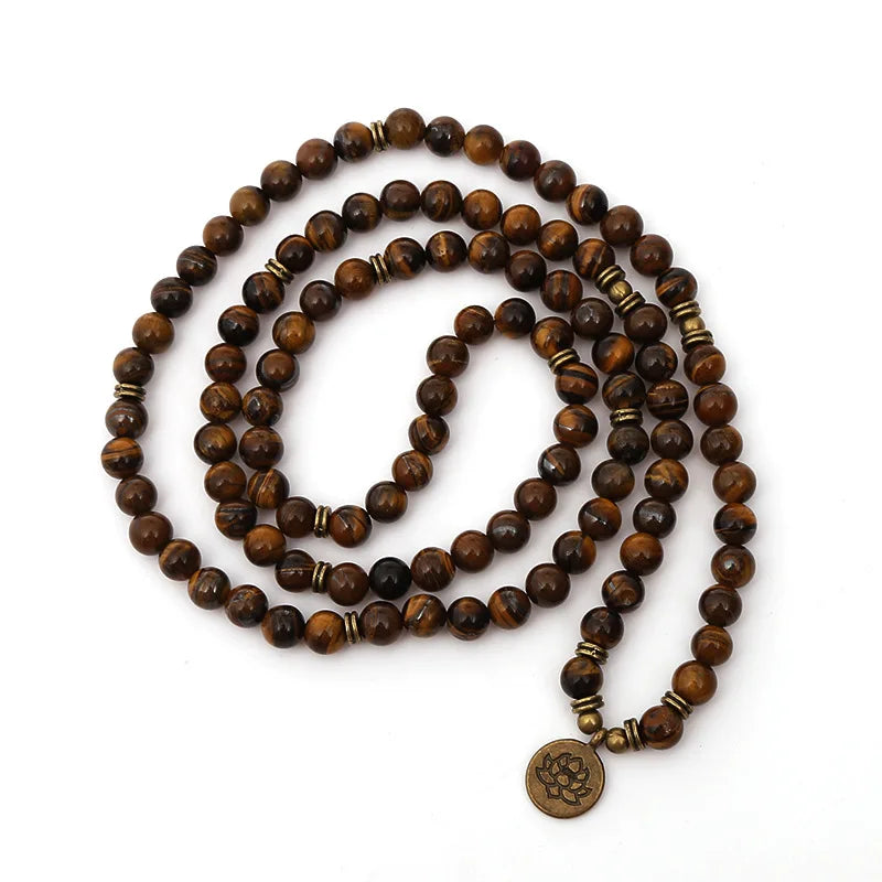 Spiritual Abacus Tiger Eye 108 Mala Beads – Chakra Healing Bracelet or Necklace with OM, Buddha & Lotus Charms