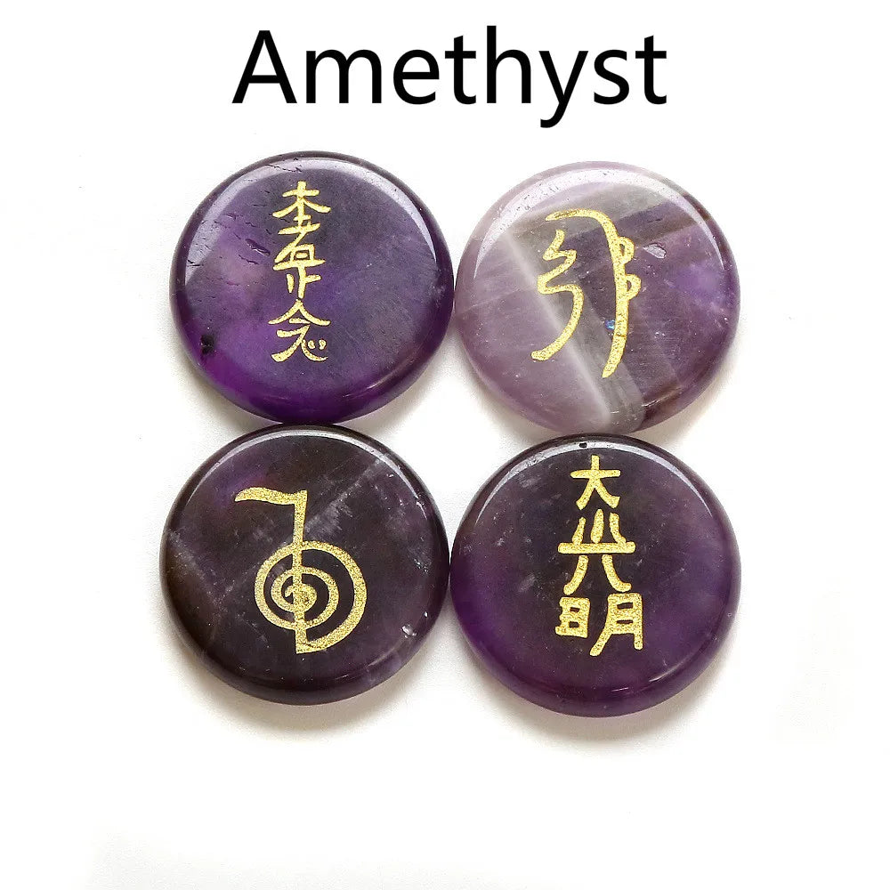 Spiritual Abacus 4-Piece Reiki Healing Stone Set – Natural Semi-Precious Crystal Slabs with Reiki Symbols (10 Color Options)