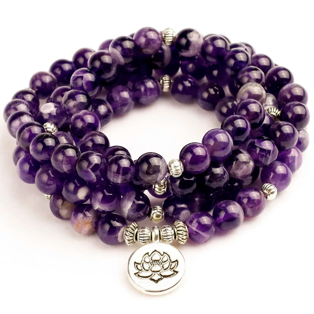 💜 Spiritual Abacus Purple Quartz 108 Mala Bracelet – Energy Healing Lotus Beads for Meditation & Yoga