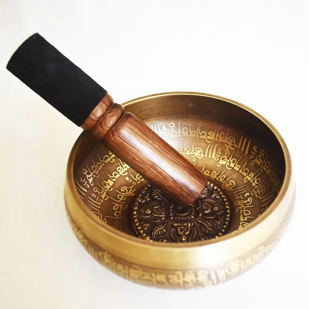 🥣 Nepal Handmade Singing Bowl Set – Buddha Mantra Design