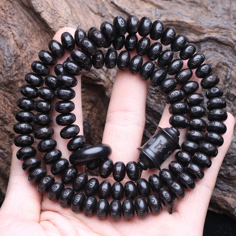 Spiritual Abacus Natural Ebony 108 Mala Beads – Tibetan Six-Character Mantra Turning Wheel Rosary Necklace