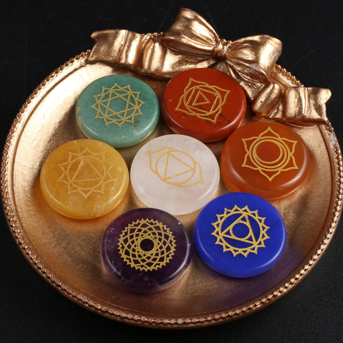 🌈 Spiritual Abacus 7-Piece Chakra Pendulum Set – Natural Stones with Engraved Reiki Healing Symbols