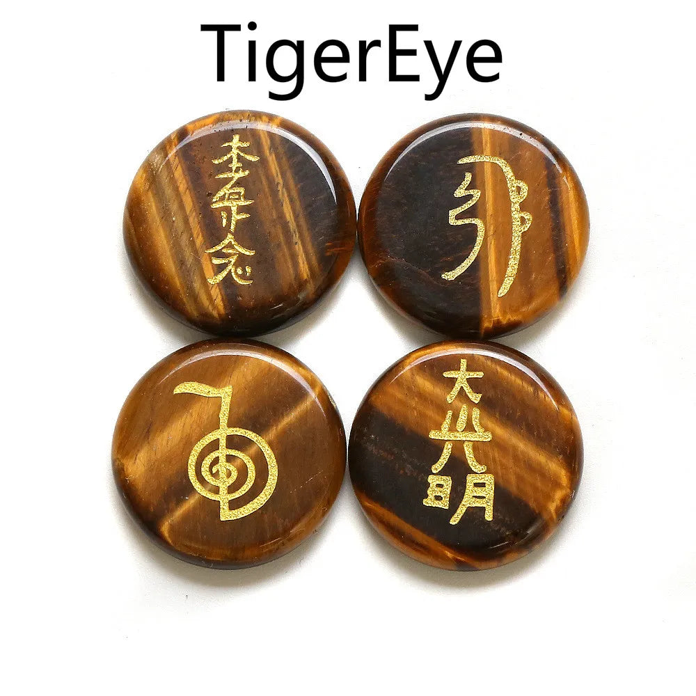 Spiritual Abacus 4-Piece Reiki Healing Stone Set – Natural Semi-Precious Crystal Slabs with Reiki Symbols (10 Color Options)