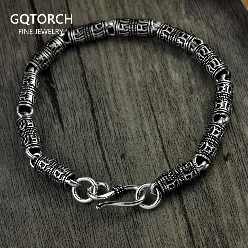 Spiritual Abacus 925 Sterling Silver Tibetan Mantra Bracelet – OM MANI PADME HUM & Peace Symbol Chain Bracelet for Men