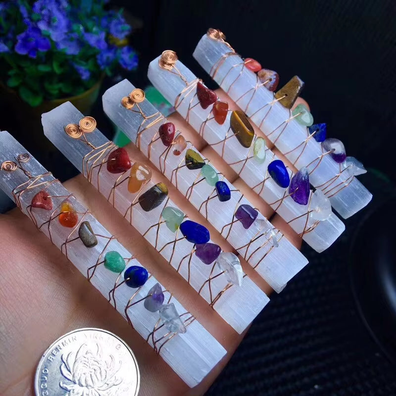 🌟 Chakra Healing Crystal Wand – Raw Selenite with Wire-Wrapped Chakra Stones Spiritual Energy Stick for Meditation, Reiki & Yoga by Spiritual Abacus
