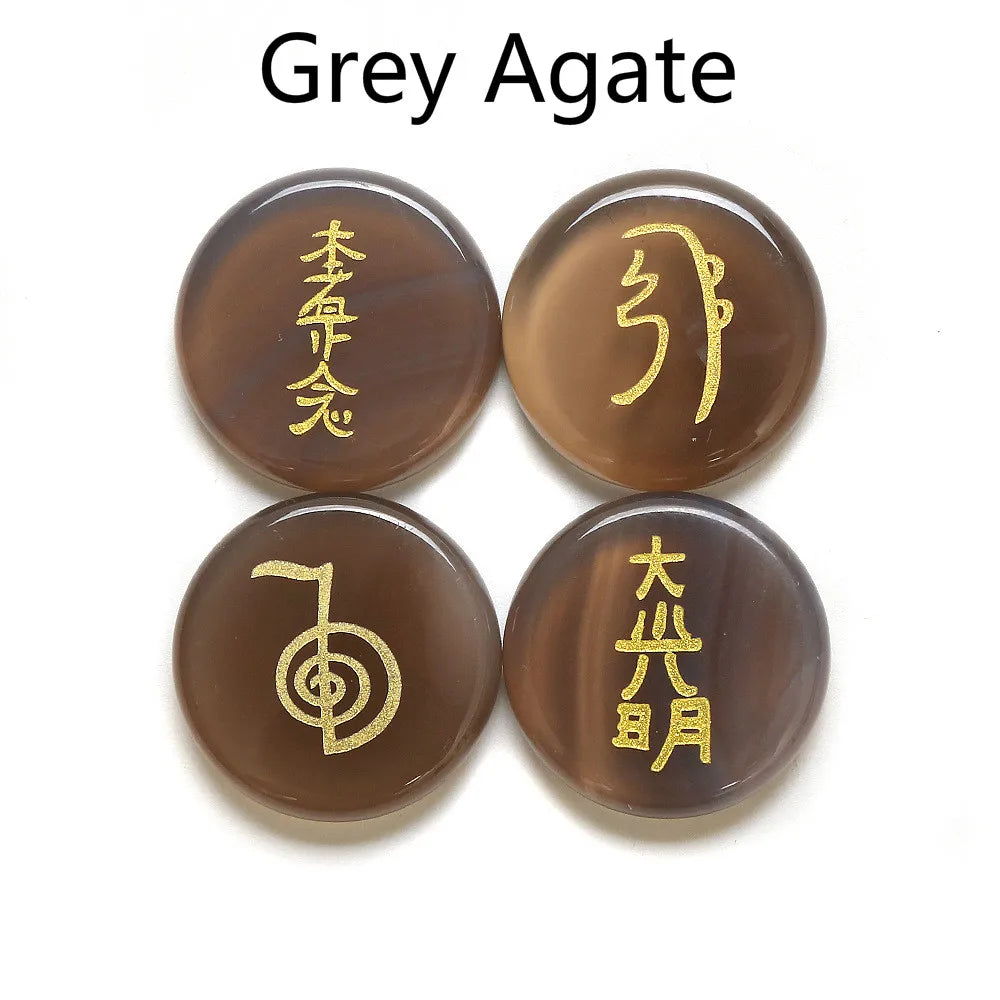 Spiritual Abacus 4-Piece Reiki Healing Stone Set – Natural Semi-Precious Crystal Slabs with Reiki Symbols (10 Color Options)