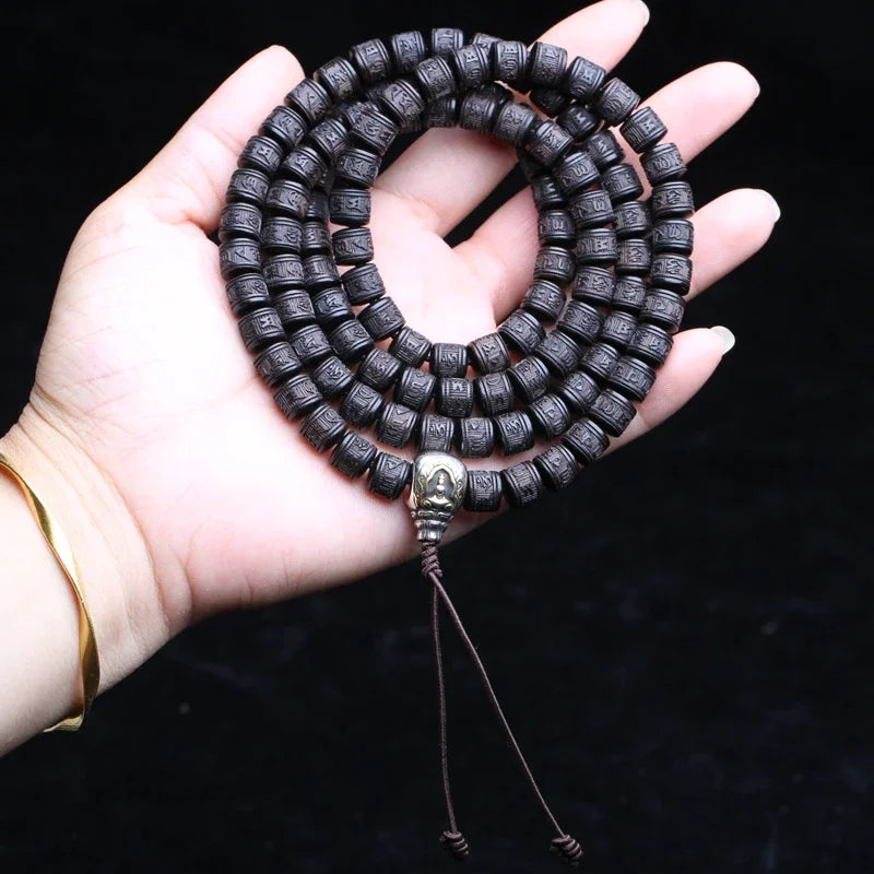 Spiritual Abacus Natural Ebony 108 Mala Beads – Tibetan Six-Character Mantra Turning Wheel Rosary Necklace