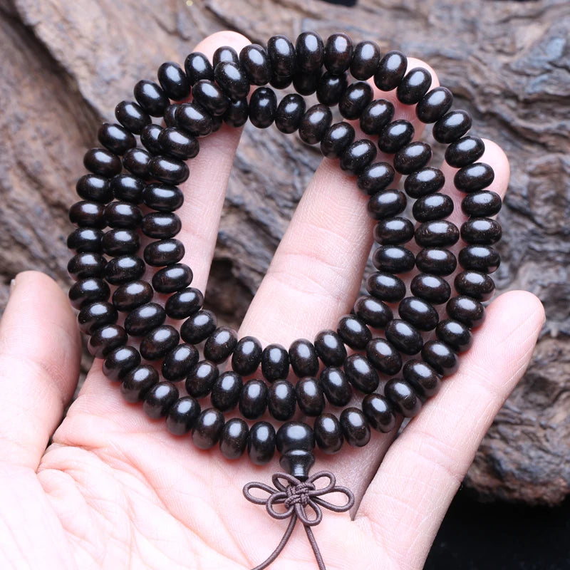Spiritual Abacus Natural Ebony 108 Mala Beads – Six-Character Mantra Tibetan Meditation Necklace