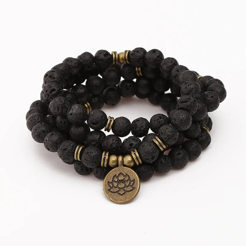 Spiritual Abacus 108 Lava Rock Mala Bracelet – Buddha & Lotus Charm Necklace for Men & Women