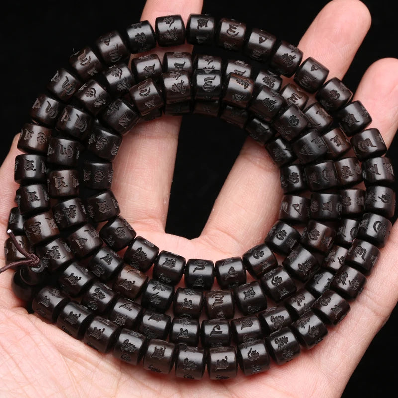 Spiritual Abacus Natural Ebony 108 Mala Beads – Tibetan Six-Character Mantra Turning Wheel Rosary Necklace