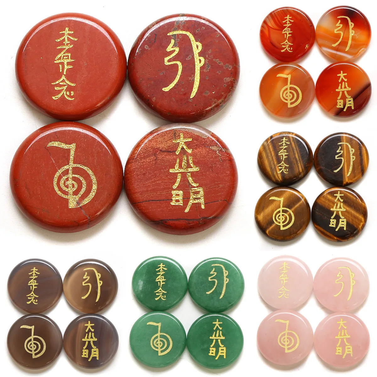 Spiritual Abacus 4-Piece Reiki Healing Stone Set – Natural Semi-Precious Crystal Slabs with Reiki Symbols (10 Color Options)