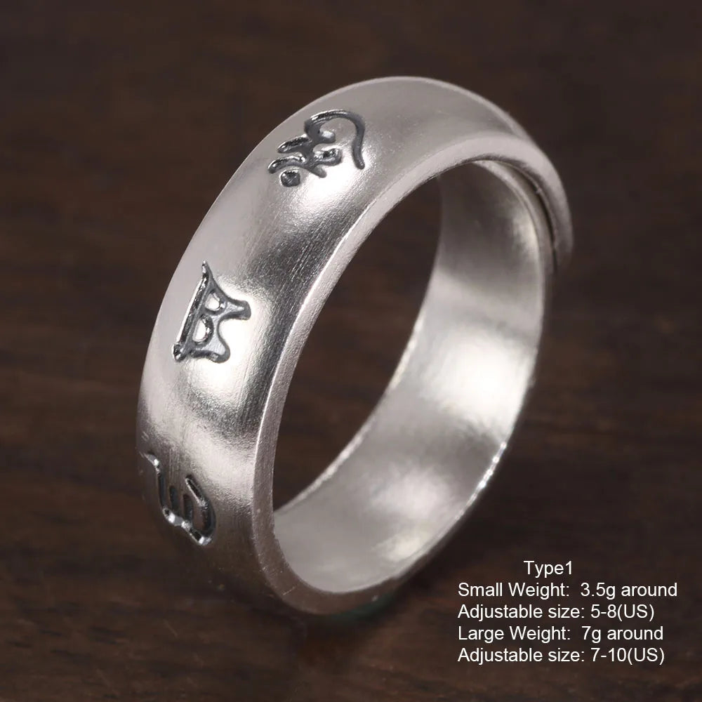 Genuine Sterling Silver 999 Hammer Pattern Men'S and Women'S Rings Six-Character Mantra Simple Jewelry