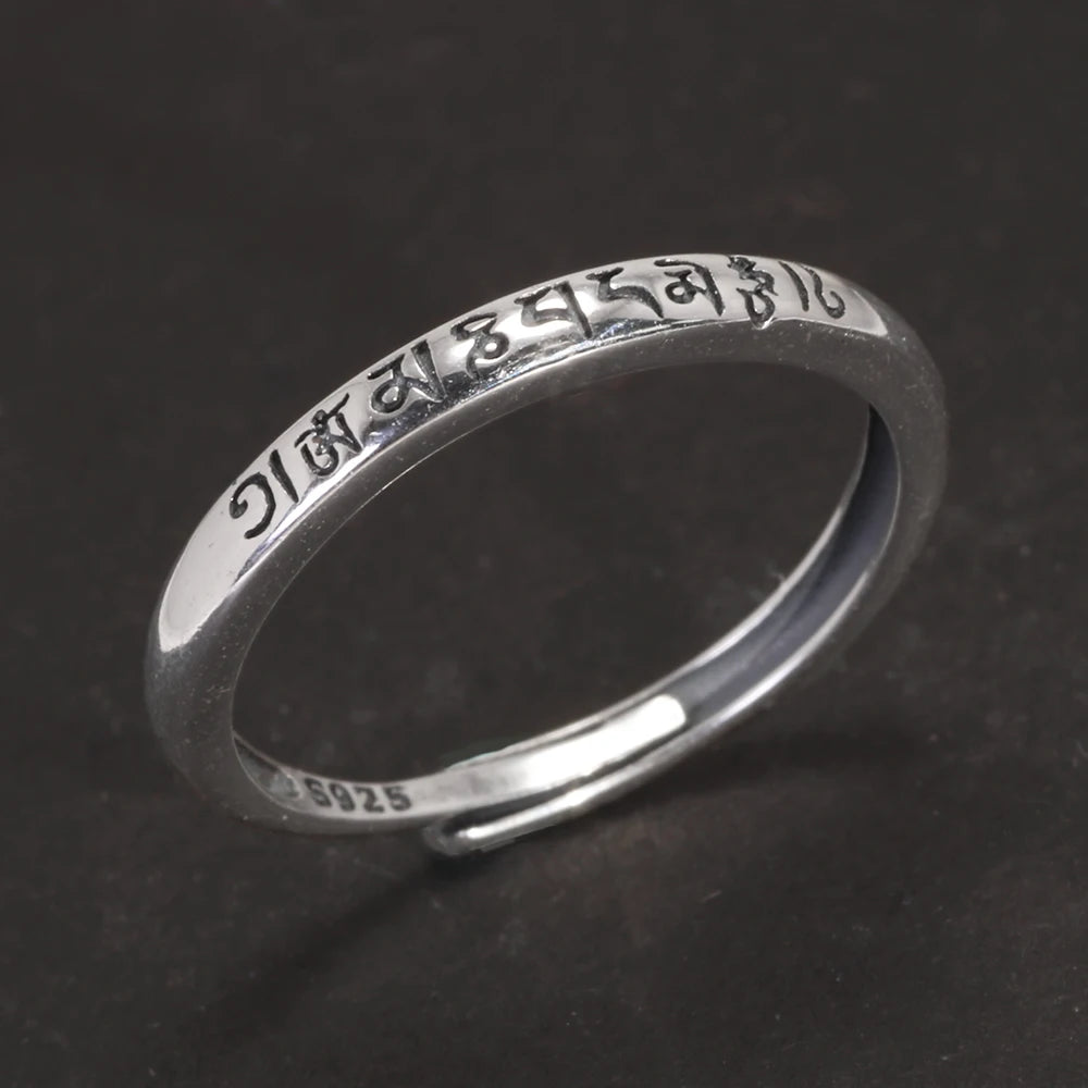 Spiritual Abacus 925 Sterling Silver Tibetan Buddha Ring – Adjustable Tail Ring with OM Mani Padme Hum for Men & Women