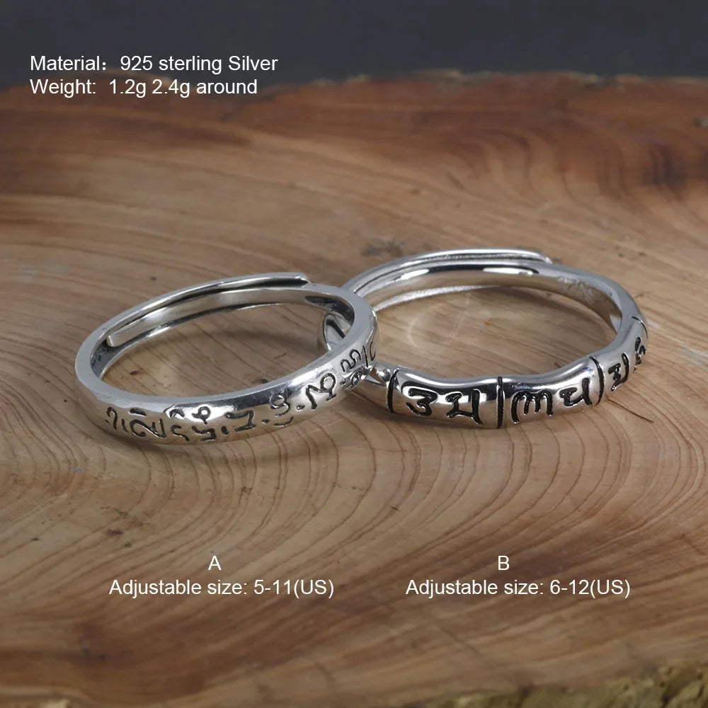Spiritual Abacus 925 Sterling Silver Tibetan Buddha Ring – Adjustable Tail Ring with OM Mani Padme Hum for Men & Women