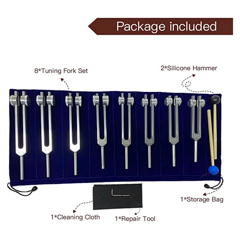 Spiritual Abacus 8-Piece Chakra Tuning Fork Set – Silver Healing Forks for Meditation, Energy Alignment & Sound Therapy