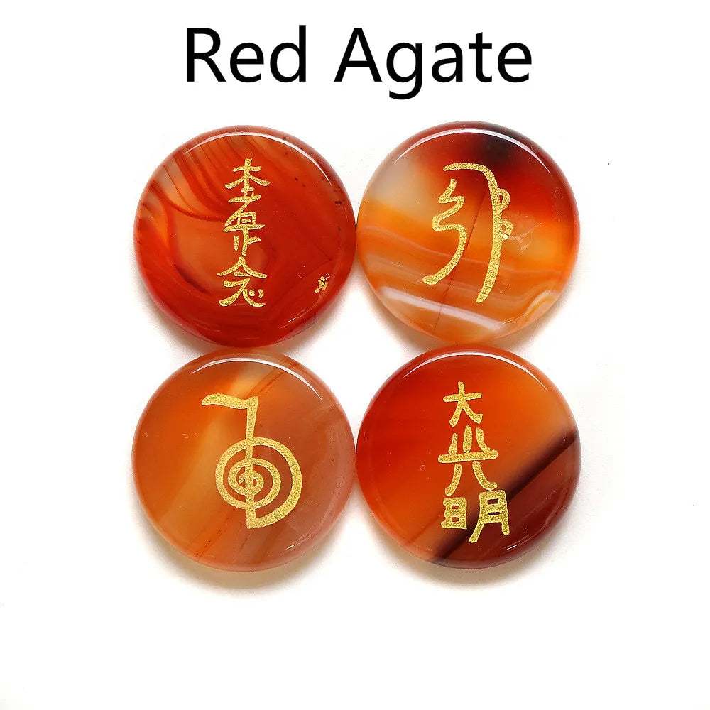 Spiritual Abacus 4-Piece Reiki Healing Stone Set – Natural Semi-Precious Crystal Slabs with Reiki Symbols (10 Color Options)