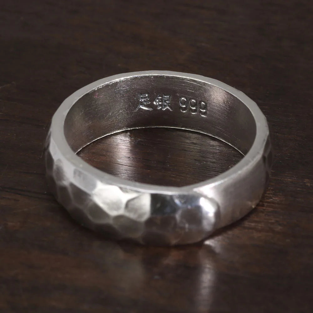 Genuine Sterling Silver 999 Hammer Pattern Men'S and Women'S Rings Six-Character Mantra Simple Jewelry