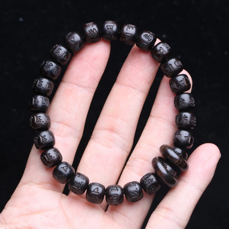 Spiritual Abacus Natural Ebony 108 Mala Beads – Tibetan Six-Character Mantra Turning Wheel Rosary Necklace