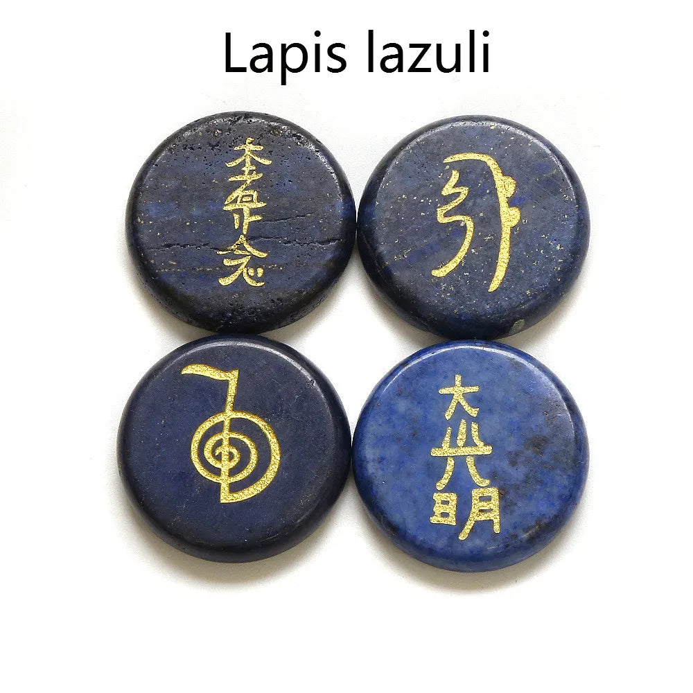 Spiritual Abacus 4-Piece Reiki Healing Stone Set – Natural Semi-Precious Crystal Slabs with Reiki Symbols (10 Color Options)