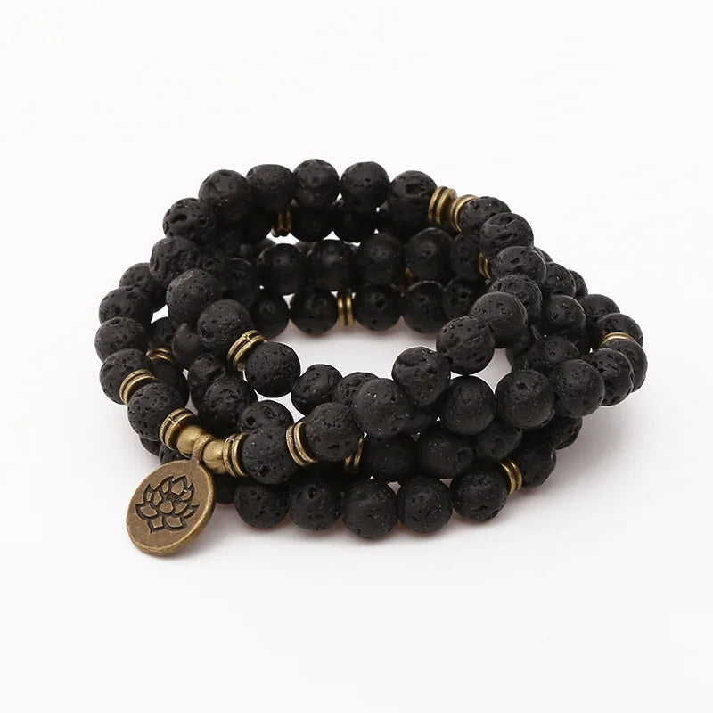 Spiritual Abacus 108 Lava Rock Mala Bracelet – Buddha & Lotus Charm Necklace for Men & Women