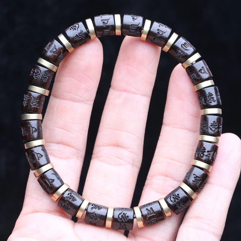 Spiritual Abacus Natural Ebony 108 Mala Beads – Tibetan Six-Character Mantra Turning Wheel Rosary Necklace