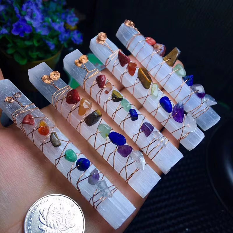 🌟 Chakra Healing Crystal Wand – Raw Selenite with Wire-Wrapped Chakra Stones Spiritual Energy Stick for Meditation, Reiki & Yoga by Spiritual Abacus