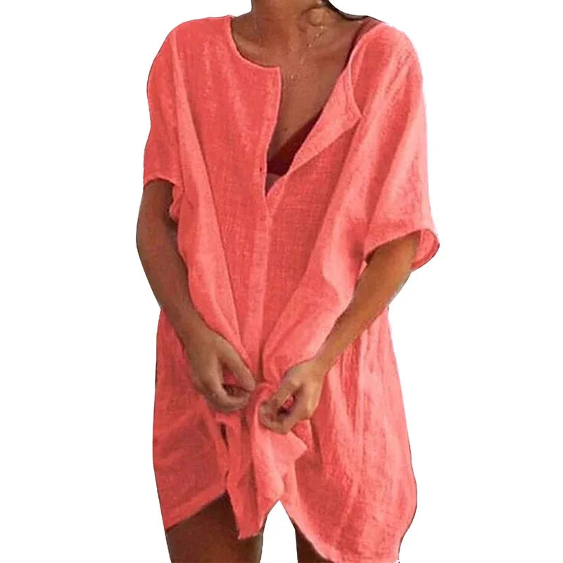 👒🏖️ Spiritual Abacus – Cotton Linen Beach Cover-Up Blouse - Long Shirt Style • Solid Color • Lightweight Swimsuit