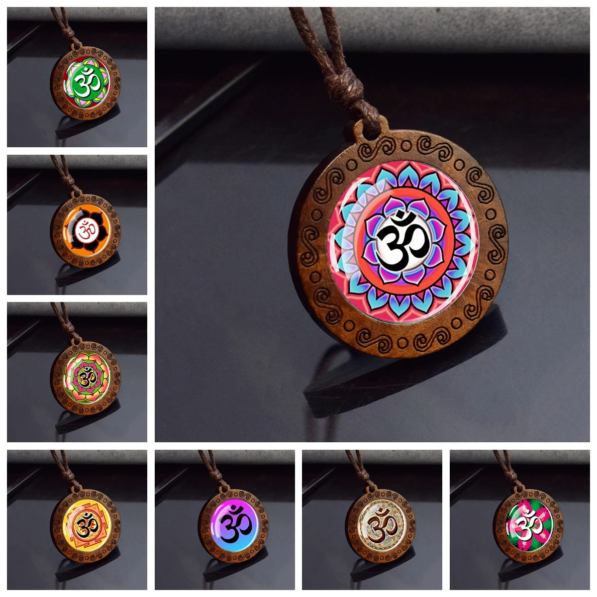 Spiritual Abacus™ Wooden OM Pendant Necklace – Symbol Glass Dome Yoga & Meditation Jewelry