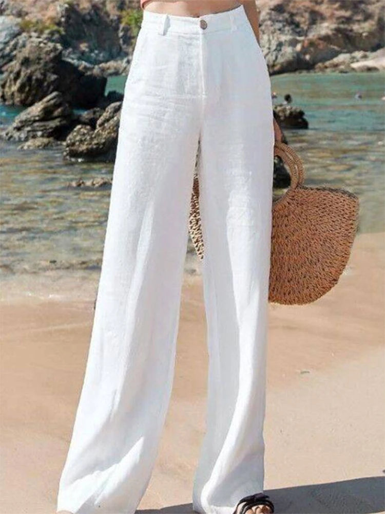 🌿 Spiritual Abacus – Women's High-Waist Cotton Linen Beach Pants - Loose Fit • Wide-Leg • Korean-Inspired Boho Trousers in Black & White