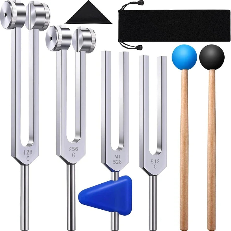 🎵 Spiritual Abacus 4-Pack Tuning Fork Set – 128Hz, 256Hz, 512Hz & 528Hz + Hammer | Sound & Vibration Therapy Tools