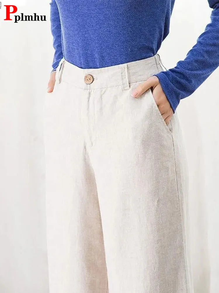 🌿 Spiritual Abacus – Women's High-Waist Cotton Linen Beach Pants - Loose Fit • Wide-Leg • Korean-Inspired Boho Trousers in Black & White