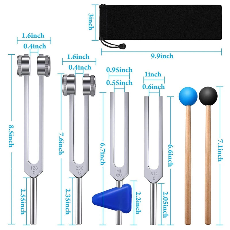 🎵 Spiritual Abacus 4-Pack Tuning Fork Set – 128Hz, 256Hz, 512Hz & 528Hz + Hammer | Sound & Vibration Therapy Tools