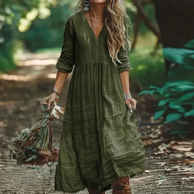👗🍂 Spiritual Abacus – Cotton Linen V-Neck Maxi Dress for Women - Loose Fit • Long Sleeve • Spring & Autumn Ready • Holiday & Party Dress