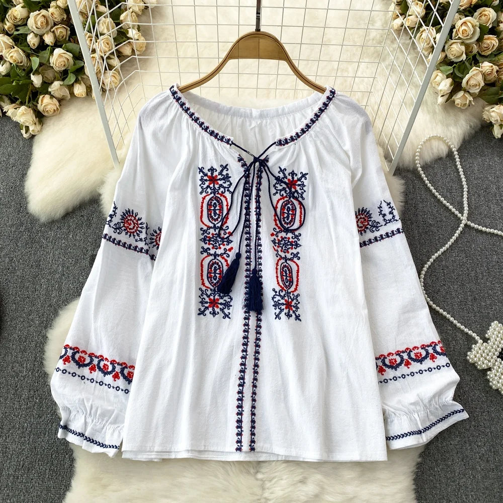 👚Spiritual Abacus – Retro Ethnic Embroidered Cotton Linen Top for Women - Loose Fit • Slimming Cut • Overhead Pullover Style • Spring & Autumn Comfort