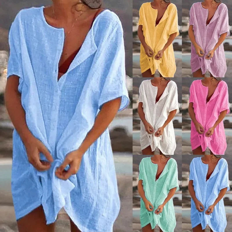 👒🏖️ Spiritual Abacus – Cotton Linen Beach Cover-Up Blouse - Long Shirt Style • Solid Color • Lightweight Swimsuit