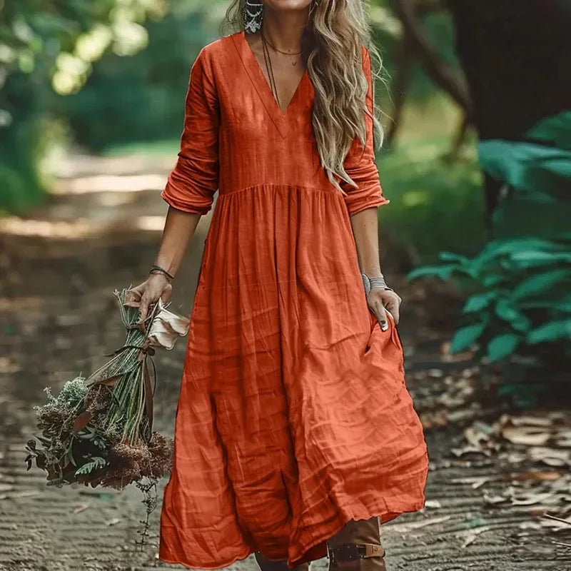👗🍂 Spiritual Abacus – Cotton Linen V-Neck Maxi Dress for Women - Loose Fit • Long Sleeve • Spring & Autumn Ready • Holiday & Party Dress
