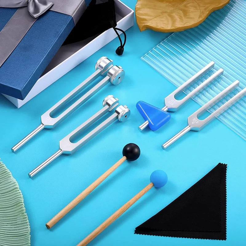 🎵 Spiritual Abacus 4-Pack Tuning Fork Set – 128Hz, 256Hz, 512Hz & 528Hz + Hammer | Sound & Vibration Therapy Tools