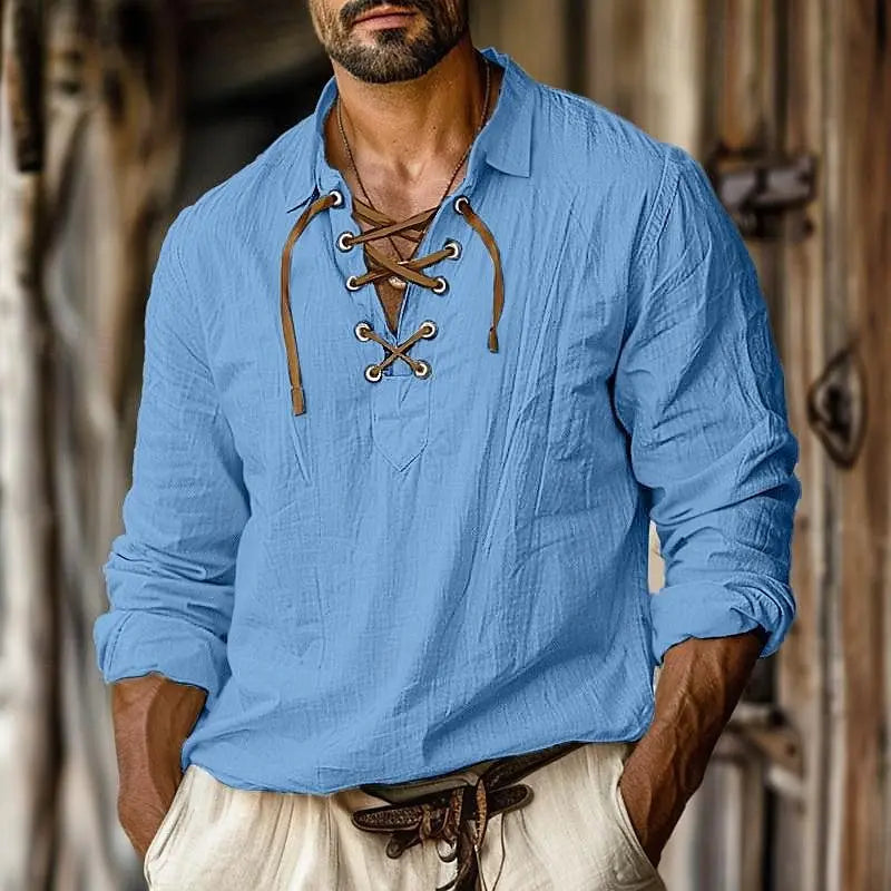 👕🪵 Spiritual Abacus – Men’s Renaissance Pirate Shirt - Medieval Viking-Inspired • V-Neck Tie-Up • Cotton Linen Long Sleeve Top